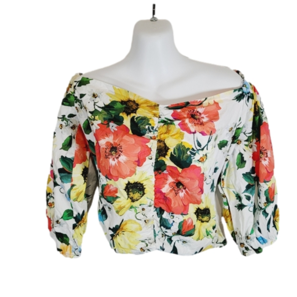 Zara off the shoulder floral roughed puff sleeve blouse